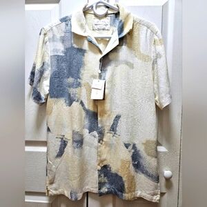 Porter & Ash Mens Linen Blend Geometric Short Sleeves Shirt Off White Gray Small